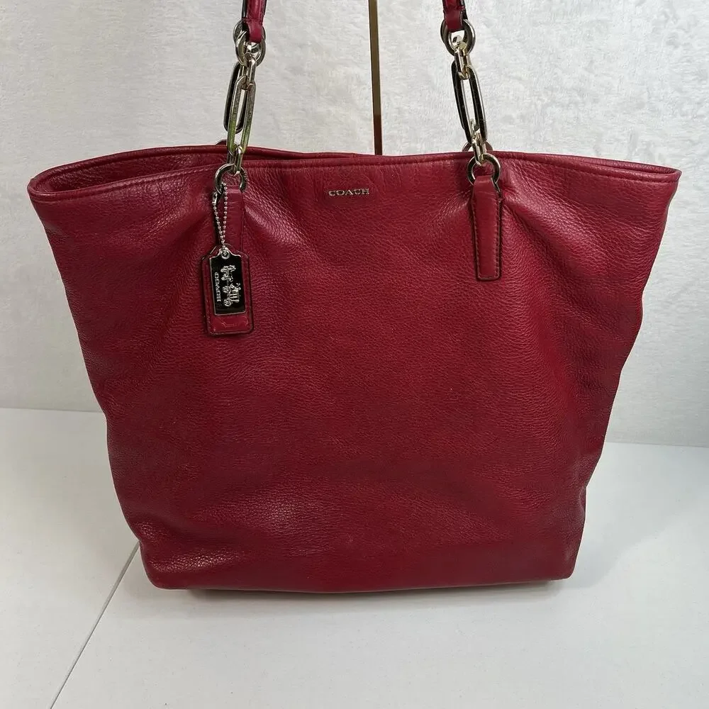 Coach Madison Bag North/South Large Tote Pebbled Leather in Scarlet Red Purse - Picture 4 of 16